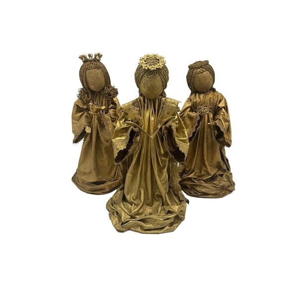 MCM Gold Angels Materials Starched and Hand Painted Antique Gold Set of 3 VTG - Picture 1 of 16